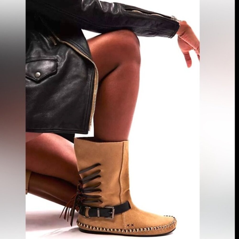 Free People Coronado Suede Mocc Moccasin Boots With Leather Fringe 7 New in Box